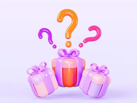 Mystery gift boxes with question marks on purple background 3d render icons Ilustración de archivo