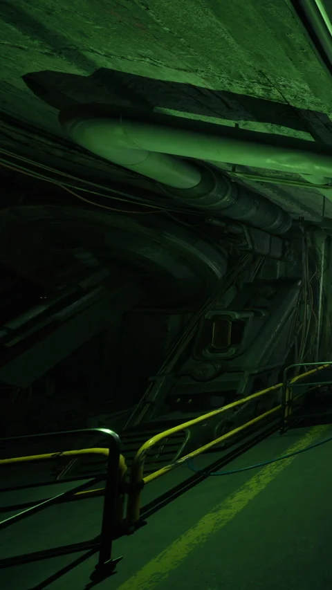 Mystery scene in a dimly lit structure with green lighting and metal features Stock Footage 339949339