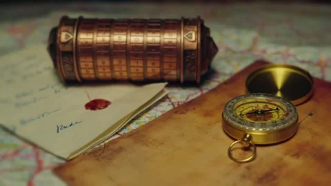 Mystery secret vault with Compass, map and cryptex word puzzle objects Stock Footage 304969040