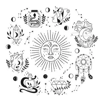 Mystic astrology witch magic occult symbol around sun esoteric boho sign vector 库存插图
