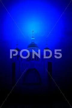 Mystic blue light over orthodox church with few cupola in the night, unknown Stock Illustration