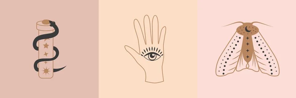Mystic boho logo, design elements with hands, star, eye, magic symbols Illustrazione stock