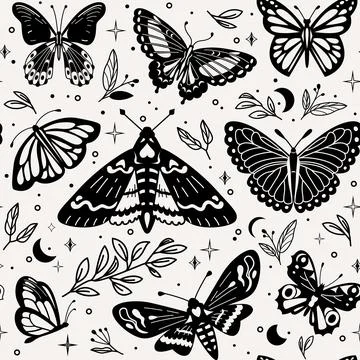Mystic butterfly seamless pattern vector illustration. Magic moths with Stock Illustration