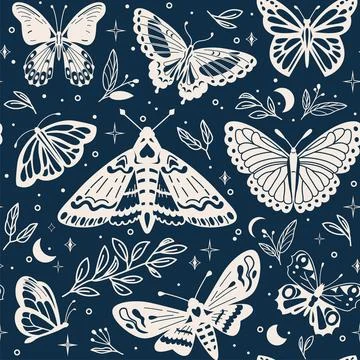 Mystic butterfly seamless pattern vector illustration. Magic moths with 스톡 일러스트