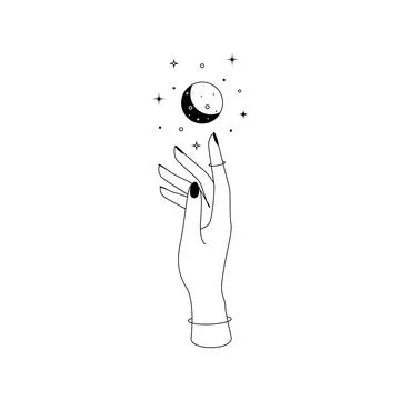Mystic celestial crescent moon constellations over woman hand outline silhouette Stock Illustration