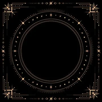 Mystic celestial square frame, golden line border 库存插图