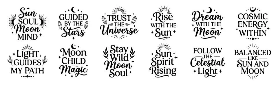Mystic Celestial Typography Bundle With Sun Moon Universe Spiritual Quotes Stock Illustration