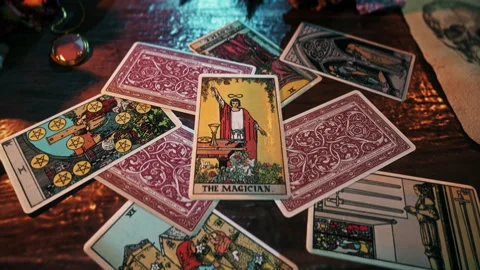Mystic Deck Divinates Willpower And Desire With The Magician Tarot Card Stock Footage 218622951