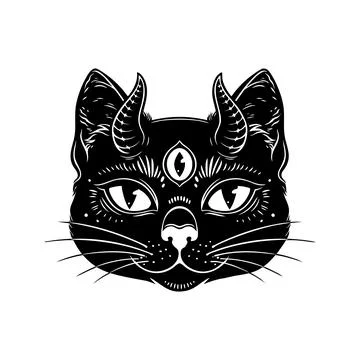 Mystic Demon Cat Head with Third Eye and Horns Esoteric Line Art Illustrazione stock