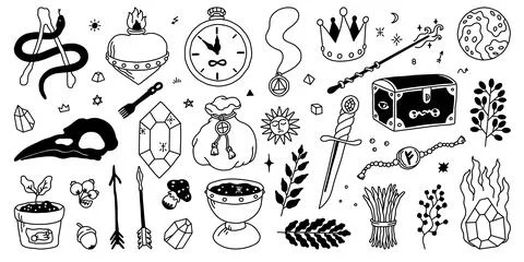 Mystic elements. Esoteric magic doodle symbols, alchemy and witchcraft tattoo Stock Illustration