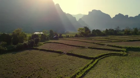 Mystic fertile valley and patchwork crops drone fly over revealing soft Stock Footage 267660688