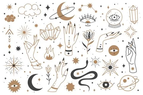 Mystic line elements. Magic contour icons, hand drawn doodle minimalistic witch Stock Illustration