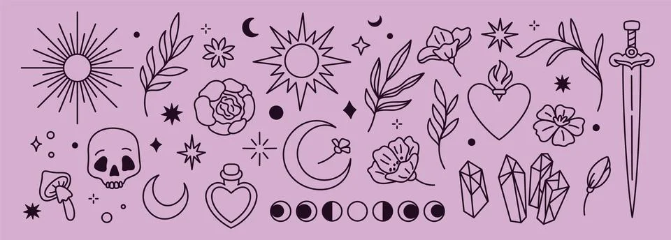 Mystic linear elements. Boho doodle symbols, magical trendy line signs Illustrazione stock