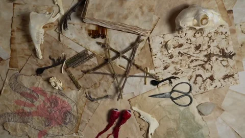 Mystic occult background with witch craft tools and ingredients on old yell.. Stock Footage 314613635