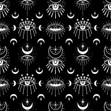 Mystic seamless pattern hamsa and evil eye symbol.Esoteric magic occult amulet Stock Illustration