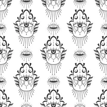 Mystic seamless pattern hamsa and evil eye symbol.Esoteric magic occult amulet Stock Illustration