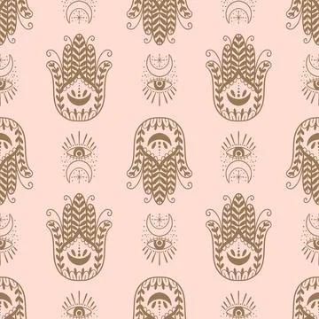 Mystic seamless pattern hamsa and evil eye symbol.Esoteric magic occult amulet Stock Illustration