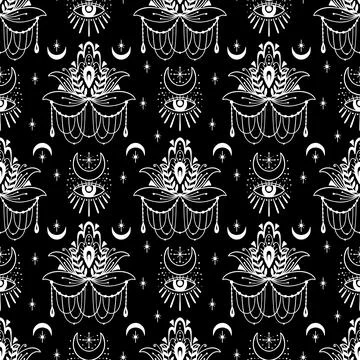 Mystic seamless pattern hamsa and evil eye symbol.Esoteric magic occult amulet Stock Illustration