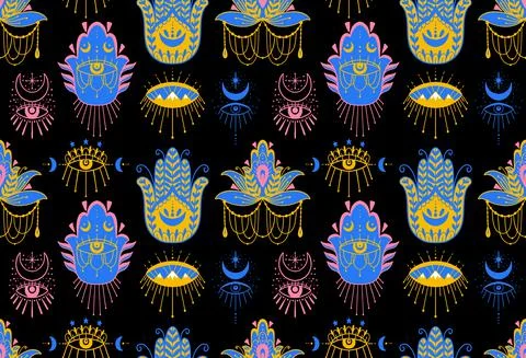 Mystic seamless pattern hamsa and evil eye symbol.Esoteric magic occult amulet Stock Illustration