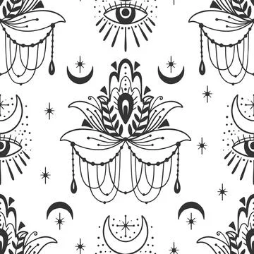 Mystic seamless pattern hamsa and evil eye symbol.Esoteric magic occult amulet Stock Illustration