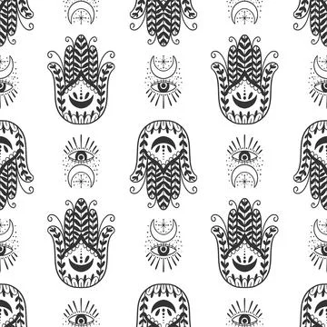 Mystic seamless pattern hamsa and evil eye symbol.Esoteric magic occult amulet Stock Illustration