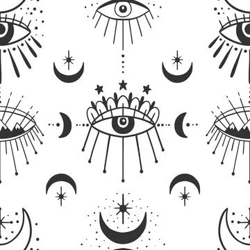 Mystic seamless pattern hamsa and evil eye symbol.Esoteric magic occult amulet Stock Illustration