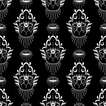 Mystic seamless pattern hamsa and evil eye symbol.Esoteric magic occult amulet Stock Illustration