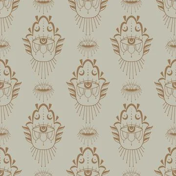 Mystic seamless pattern hamsa and evil eye symbol.Esoteric magic occult amulet Illustrazione stock