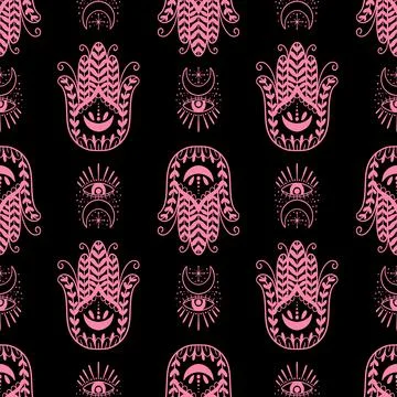 Mystic seamless pattern hamsa and evil eye symbol.Esoteric magic occult amulet Stock Illustration