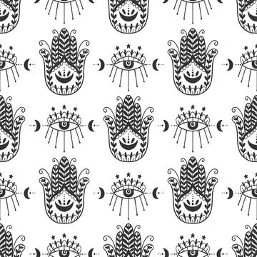 Mystic seamless pattern hamsa and evil eye symbol.Esoteric magic occult amulet Stock Illustration
