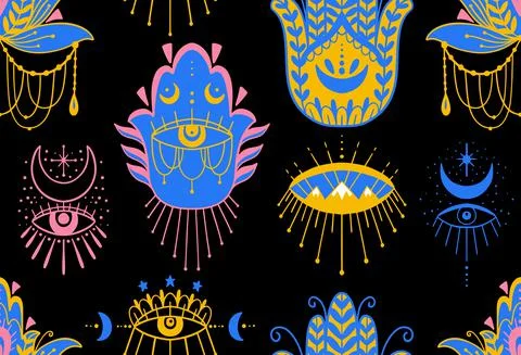 Mystic seamless pattern hamsa and evil eye symbol.Esoteric magic occult amulet Illustrazione stock