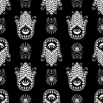 Mystic seamless pattern hamsa and evil eye symbol.Esoteric magic occult amulet Stock Illustration