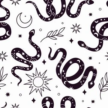 Mystic snake seamless pattern. Boho serpents silhouettes with magical symbols Stock Illustration