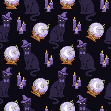 Mystic Witchcraft Seamless Pattern with Black Cat, Crystal Ball and Candles Stock Illustration