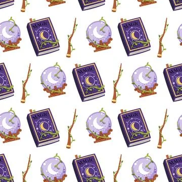 Mystic Witchcraft Seamless Pattern with Crystal Ball, Spellbook and Magic Wand Stock Illustration