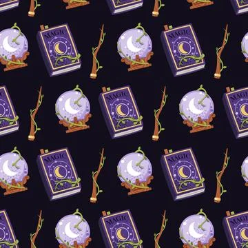 Mystic Witchcraft Seamless Pattern with Crystal Ball, Spellbook and Magic Wand Stock Illustration