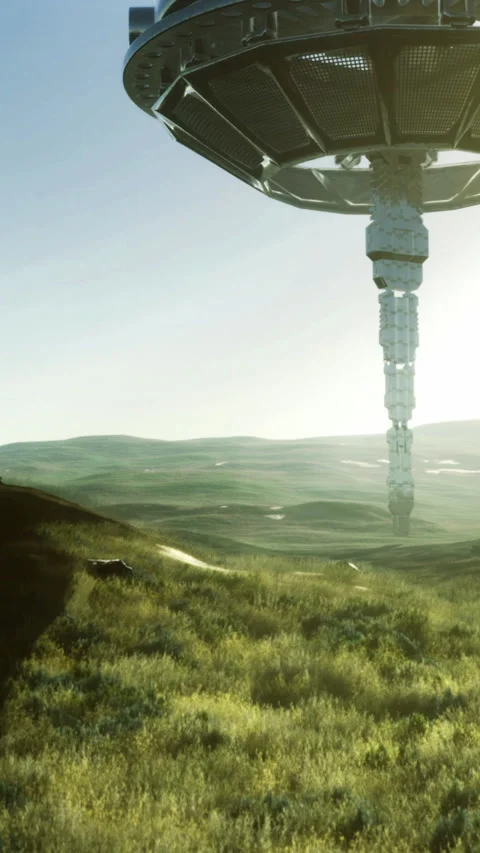 Mystical alien ship hovers above a serene landscape during golden hour Stock Footage 329136670