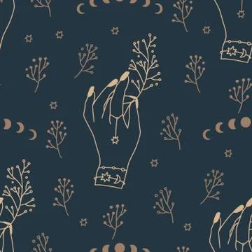 Mystical and Celestial Seamless pattern with eyes, stars, Palm and zodiac Stock Illustration