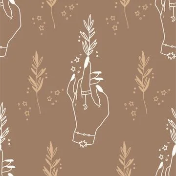 Mystical and Celestial Seamless pattern with eyes, stars, Palm and zodiac Stock Illustration