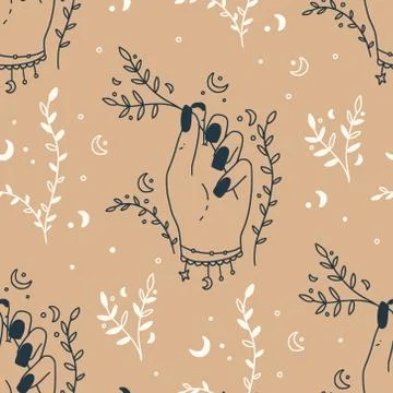 Mystical and Celestial Seamless pattern with eyes, stars, Palm and zodiac Stock Illustration