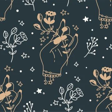 Mystical and Celestial Seamless pattern with eyes, stars, Palm and zodiac Ilustración de archivo