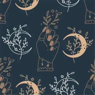 Mystical and Celestial Seamless pattern with eyes, stars, Palm and zodiac Stock Illustration