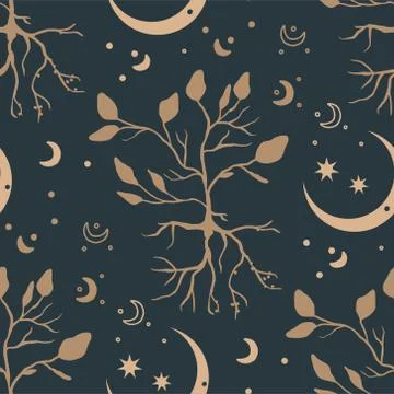 Mystical and Celestial Seamless pattern with eyes, stars, Palm and zodiac Illustrazione stock