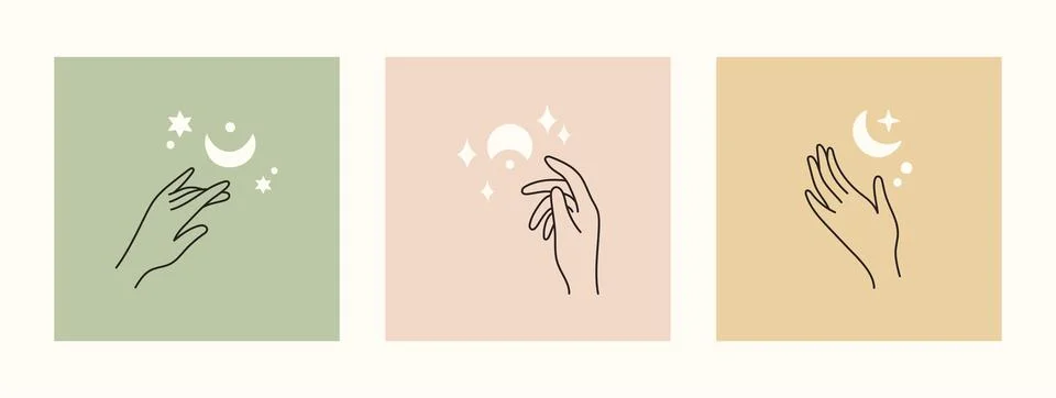 Mystical and esoteric vector cards in trendy minimal lineart style. Vector in Stock Illustration