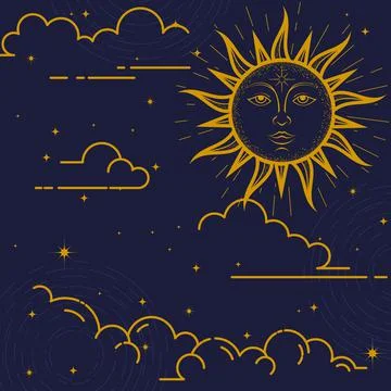 Mystical background, sun with face, clouds and stars, esoteric and astrologic Stock-Illustration