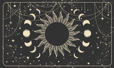 Mystical banner with a lunar eclipse on a black background. Sun with rays and Stock Illustration