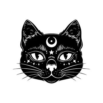 Mystical Black Cat Head with Crescent Moon Line Art Stock Illustration