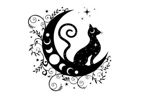 Mystical black cat over celestial crescent moon and moon phases, witchcraft Stock Illustration