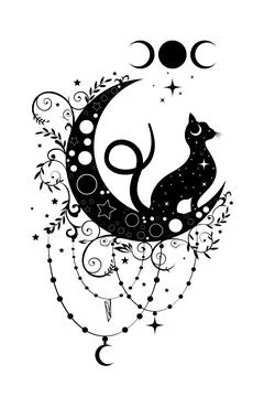 Mystical black cat over celestial crescent moon and triple goddess, witchcraft Stock Illustration