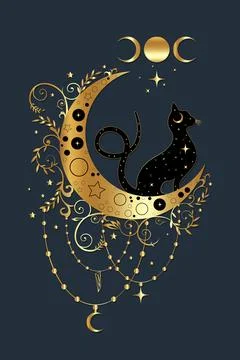Mystical black cat over celestial crescent moon and triple goddess, witchcraft Stock Illustration